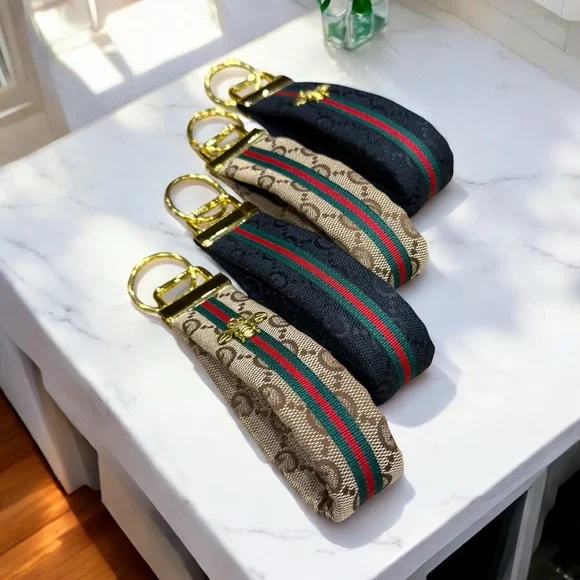 Luxury Tan or Black GG Key Fob • Purse Accessory • Gold Hardware With or W/O Bee - Picture 3 of 7